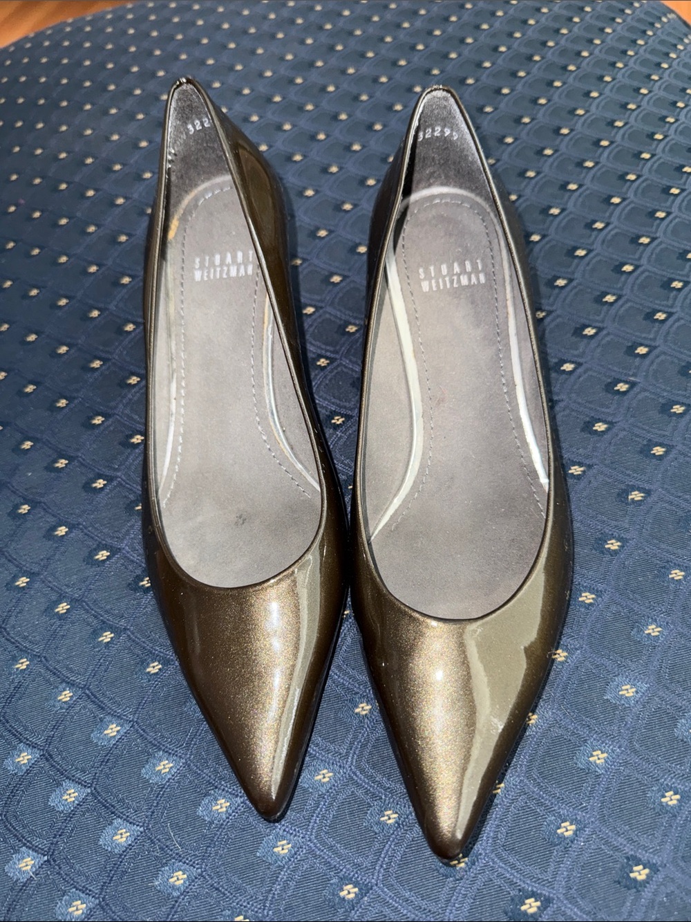 Stuart Weitzman Metallic Olive Pointed-Toe Flats — Glossy Green